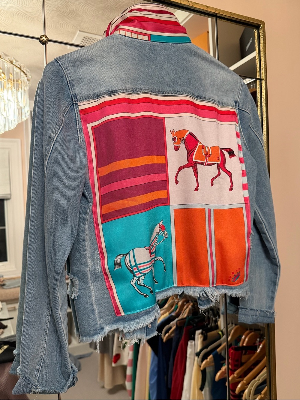 Stacy Bradley Light Blue Distressed Denim Jacket with silk horse trim- size med